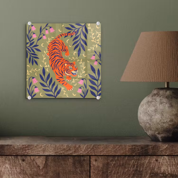Glas schilderij - Tijger - Bladeren - Dieren - Illustratie - Oranje — 4