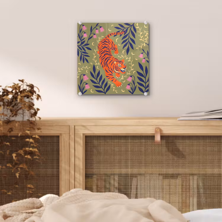 Glas schilderij - Tijger - Bladeren - Dieren - Illustratie - Oranje — 5