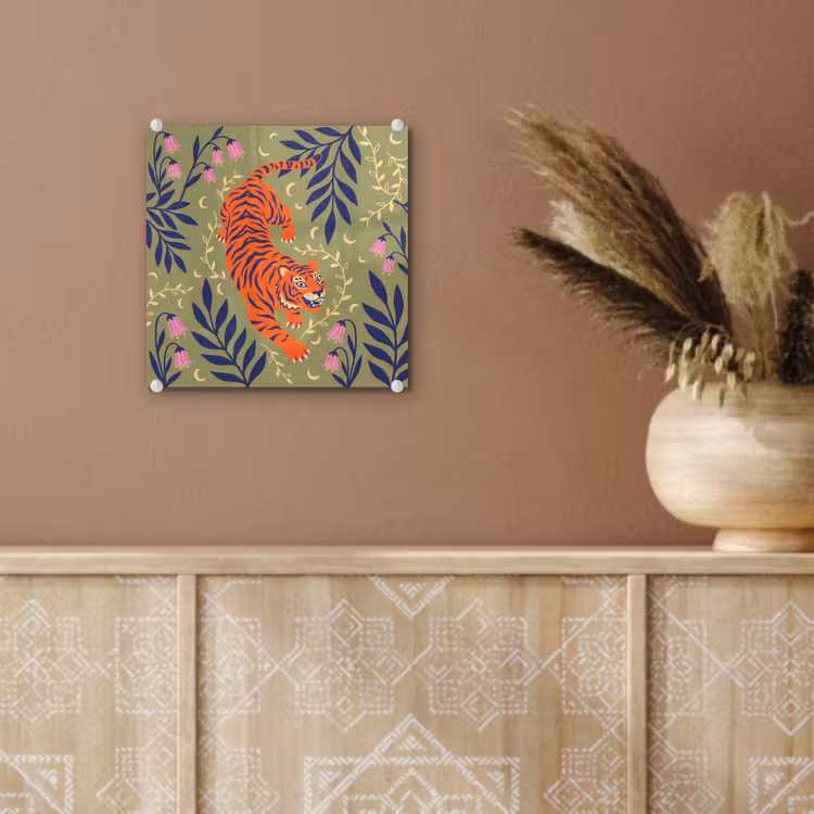 Glas schilderij - Tijger - Bladeren - Dieren - Illustratie - Oranje — 6