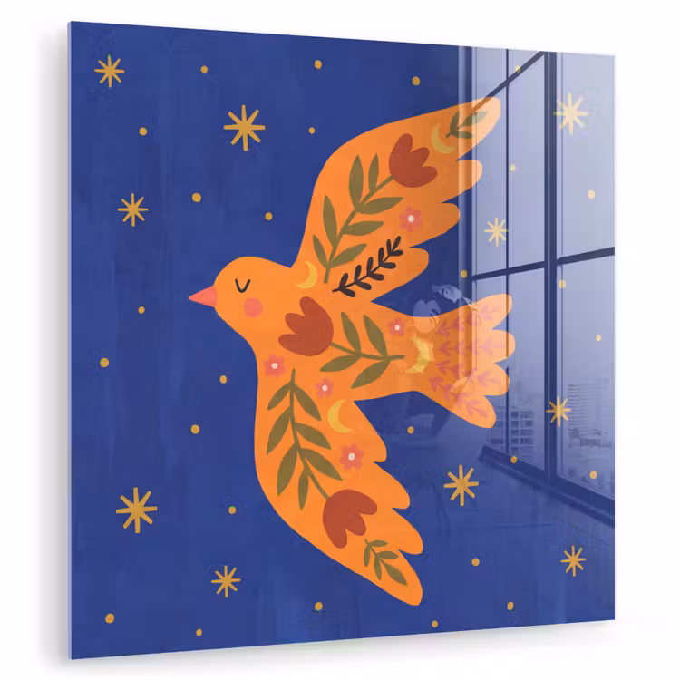 Glas schilderij - Vogel - Bloemen - Decoratief - Oranje - Blauw — 1