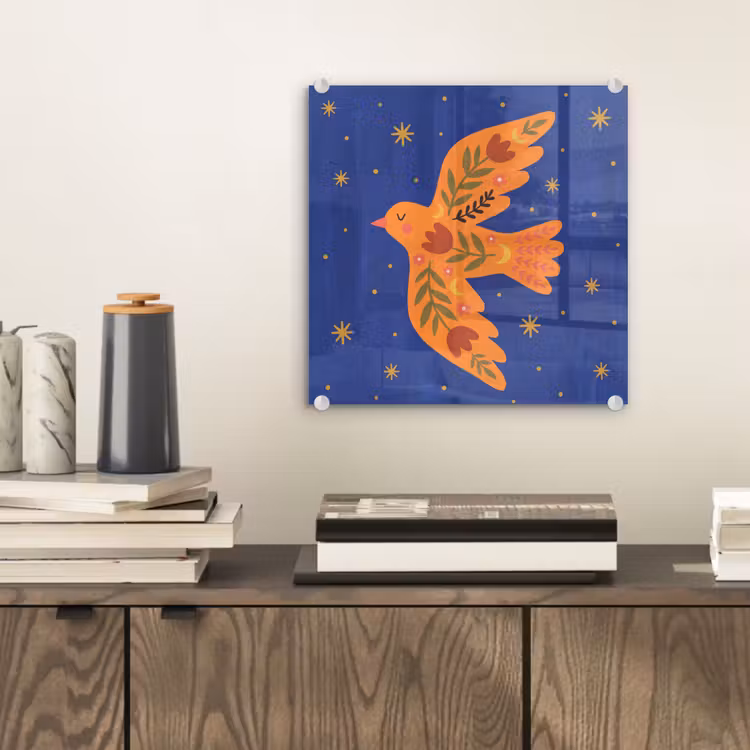 Glas schilderij - Vogel - Bloemen - Decoratief - Oranje - Blauw — 2