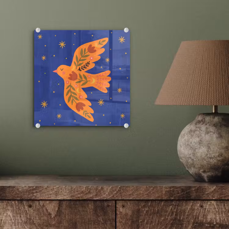 Glas schilderij - Vogel - Bloemen - Decoratief - Oranje - Blauw — 4