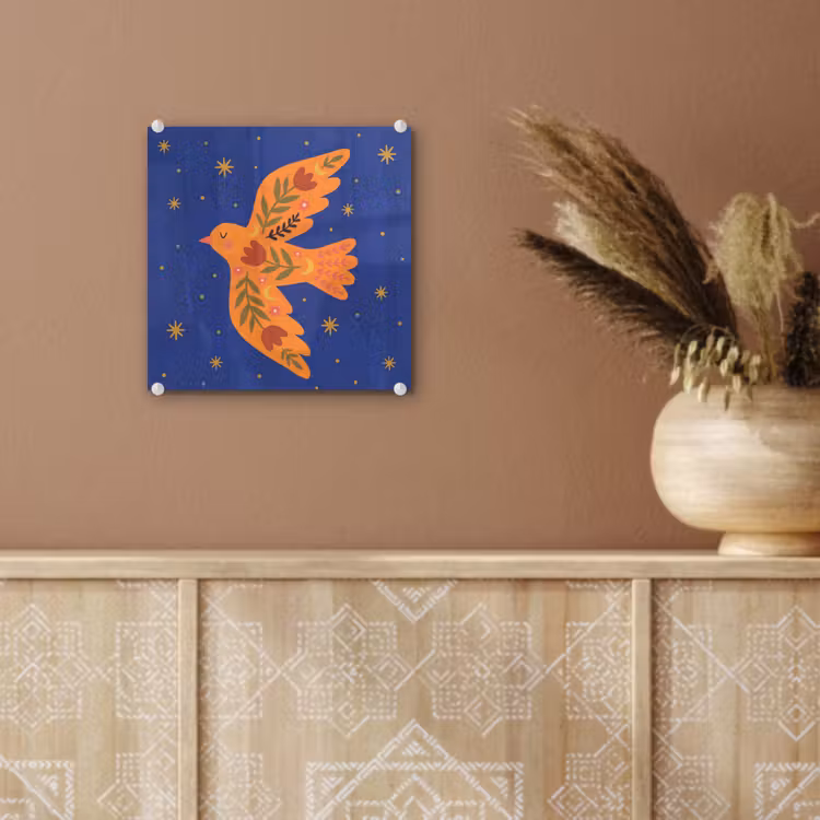 Glas schilderij - Vogel - Bloemen - Decoratief - Oranje - Blauw — 6