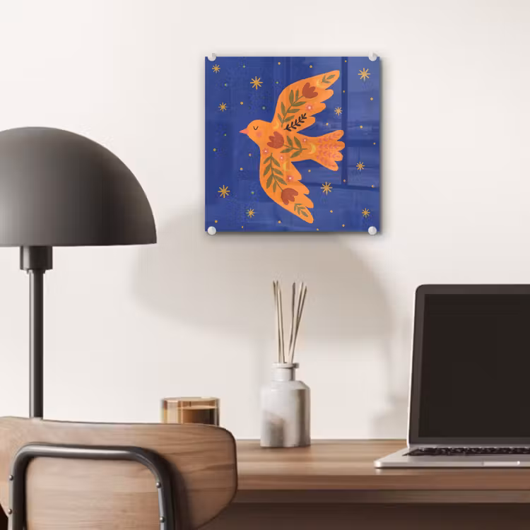 Glas schilderij - Vogel - Bloemen - Decoratief - Oranje - Blauw — 7