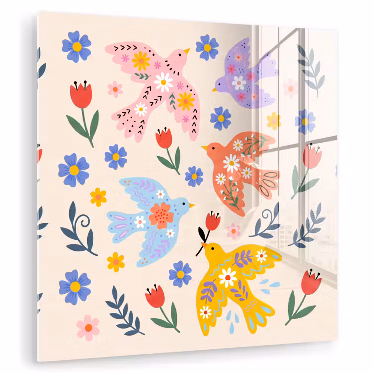 Glas schilderij - Vogel - Bloemen - Folk - Kleurrijk - Dieren — 1