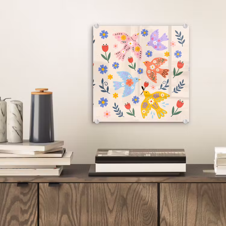 Glas schilderij - Vogel - Bloemen - Folk - Kleurrijk - Dieren — 2