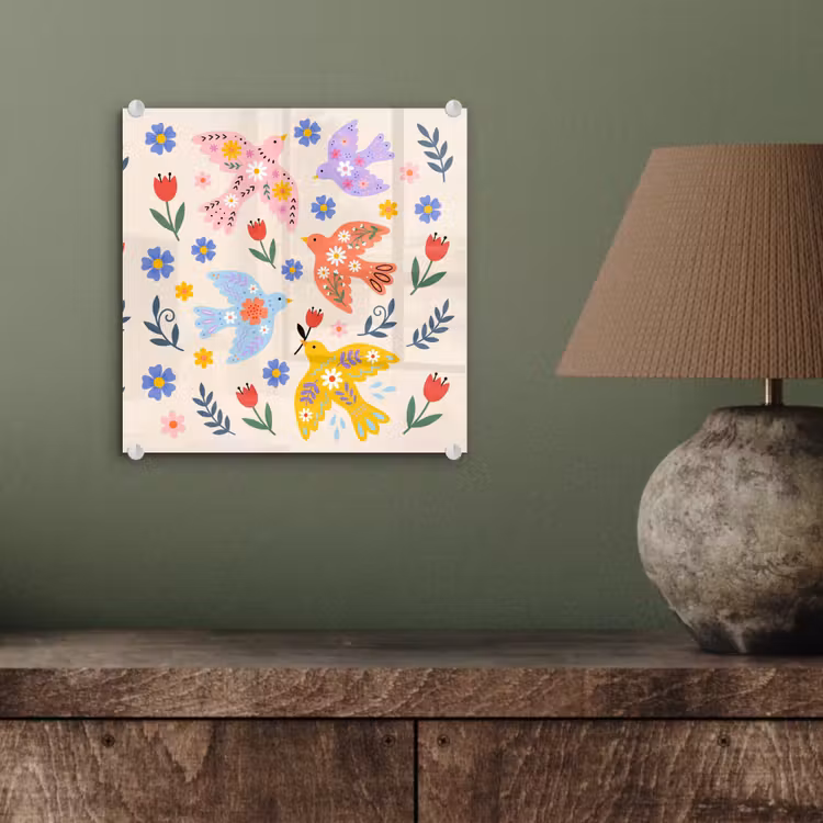 Glas schilderij - Vogel - Bloemen - Folk - Kleurrijk - Dieren — 4