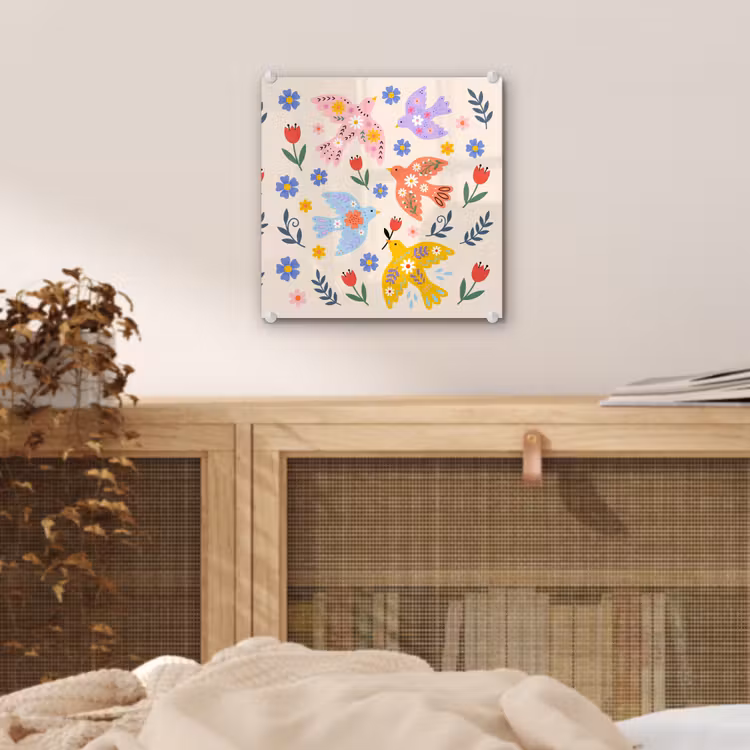 Glas schilderij - Vogel - Bloemen - Folk - Kleurrijk - Dieren — 5