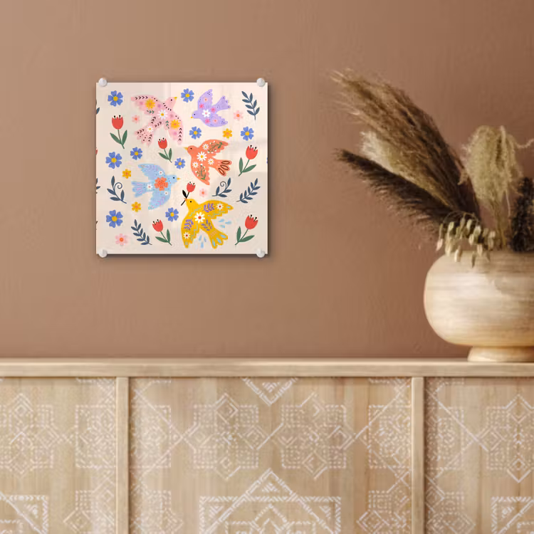 Glas schilderij - Vogel - Bloemen - Folk - Kleurrijk - Dieren — 6