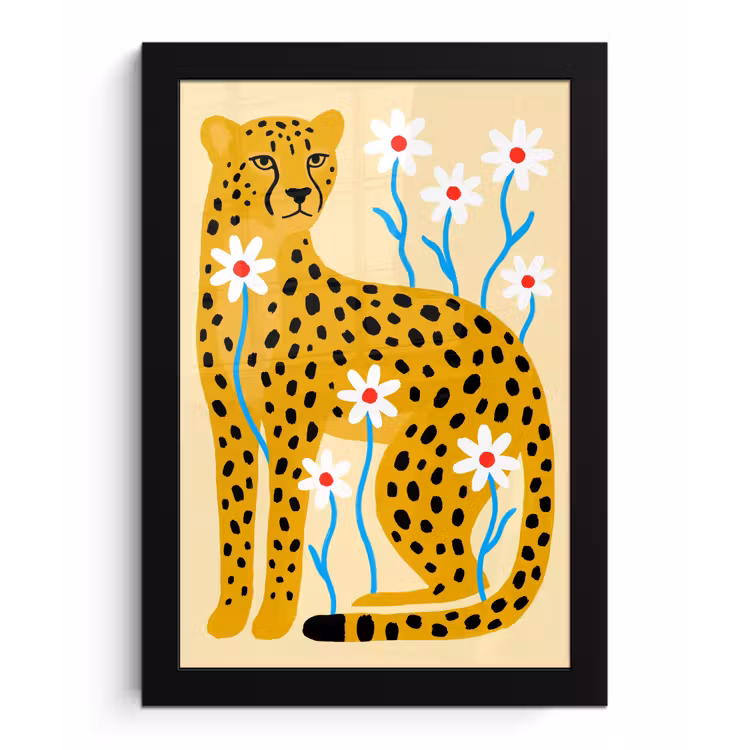 Poster met lijst - Dieren - Jachtluipaard - Bloemen - Modern - Geel — 1