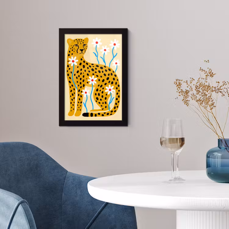 Poster met lijst - Dieren - Jachtluipaard - Bloemen - Modern - Geel — 2