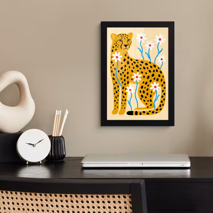 Poster met lijst - Dieren - Jachtluipaard - Bloemen - Modern - Geel — 3