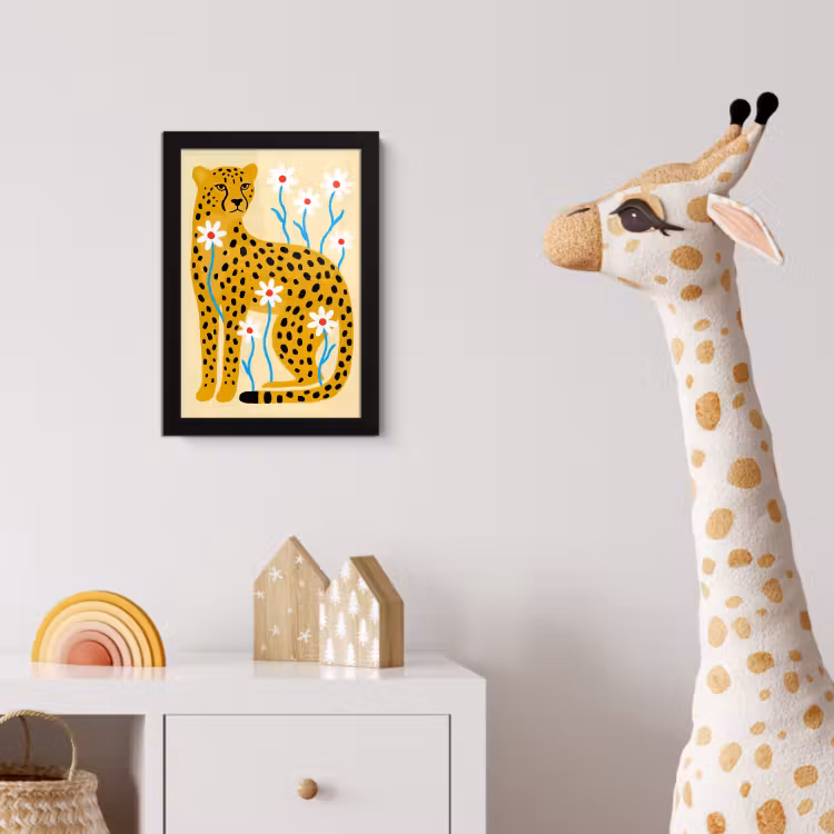 Poster met lijst - Dieren - Jachtluipaard - Bloemen - Modern - Geel — 5
