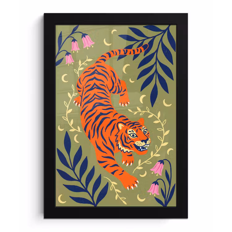 Poster met lijst - Tijger - Bladeren - Dieren - Illustratie - Oranje — 1