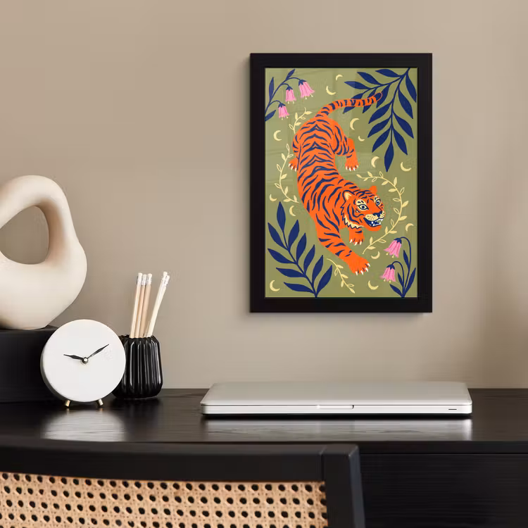 Poster met lijst - Tijger - Bladeren - Dieren - Illustratie - Oranje — 3