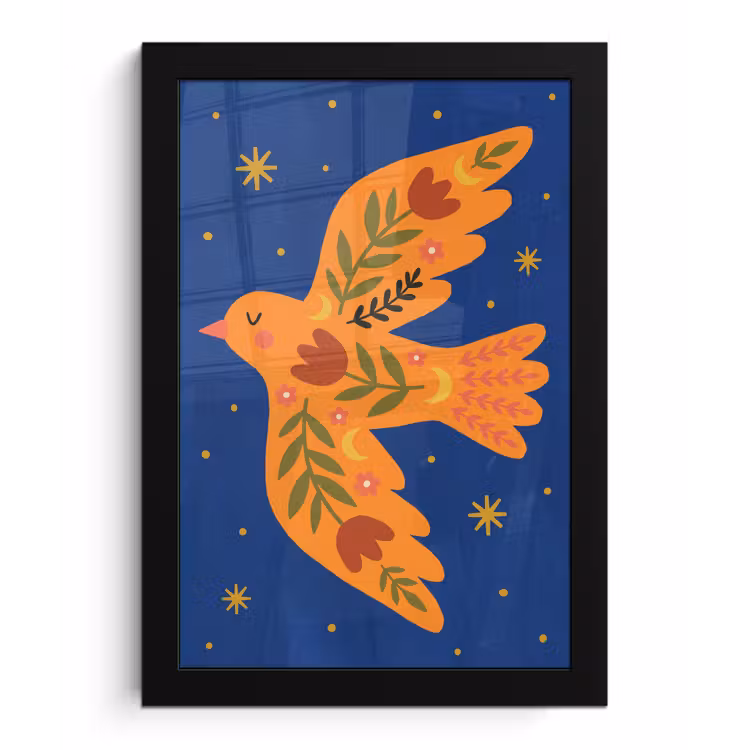 Poster met lijst - Vogel - Bloemen - Decoratief - Oranje - Blauw — 1