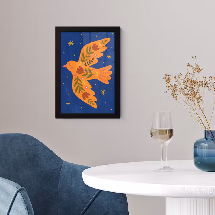 Poster met lijst - Vogel - Bloemen - Decoratief - Oranje - Blauw — 2