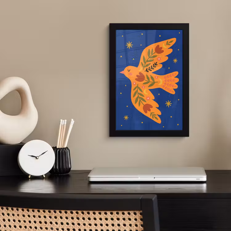 Poster met lijst - Vogel - Bloemen - Decoratief - Oranje - Blauw — 3