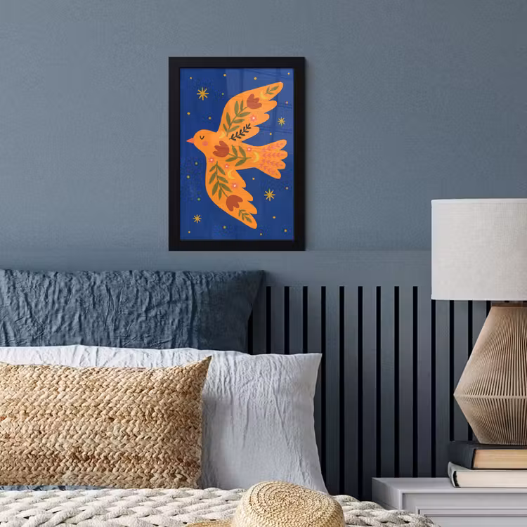 Poster met lijst - Vogel - Bloemen - Decoratief - Oranje - Blauw — 4
