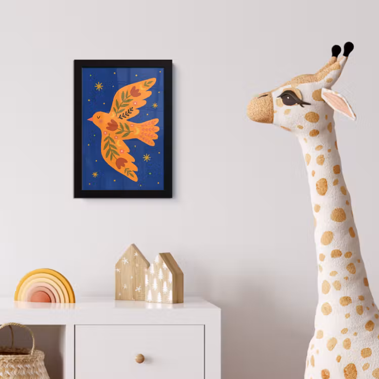 Poster met lijst - Vogel - Bloemen - Decoratief - Oranje - Blauw — 5