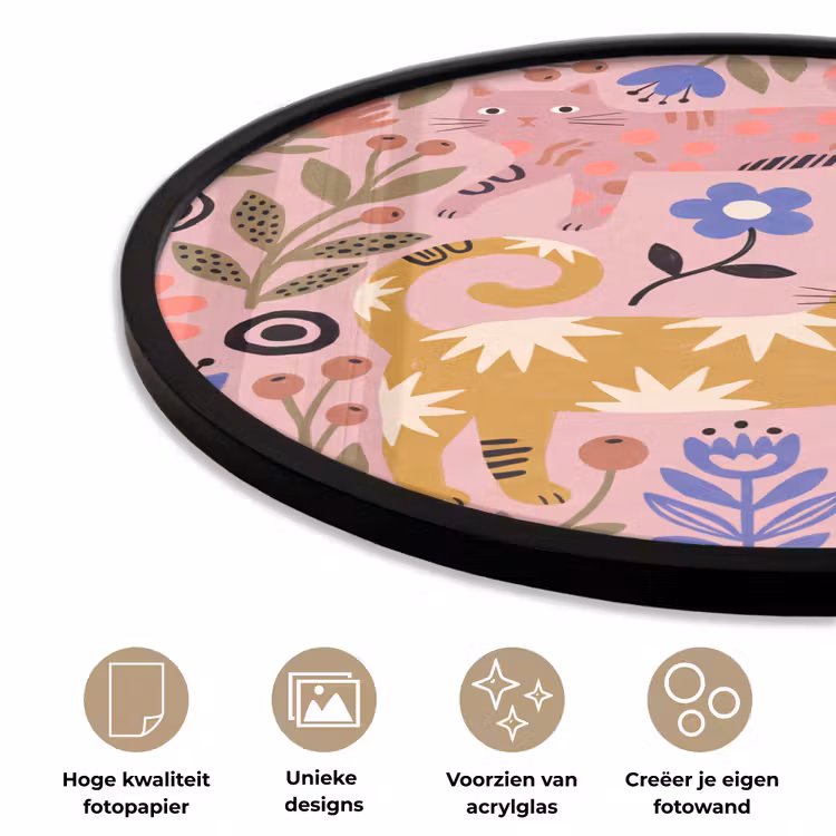 Ronde fotolijst - Kat - Bloemen - Dieren - Modern - Roze — 2