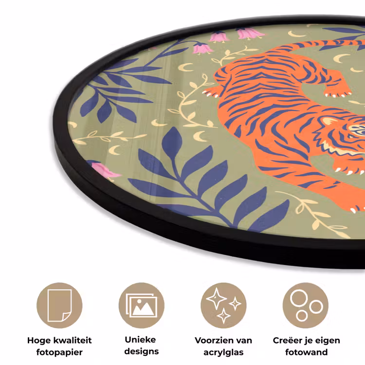 Ronde fotolijst - Tijger - Bladeren - Dieren - Illustratie - Oranje — 2