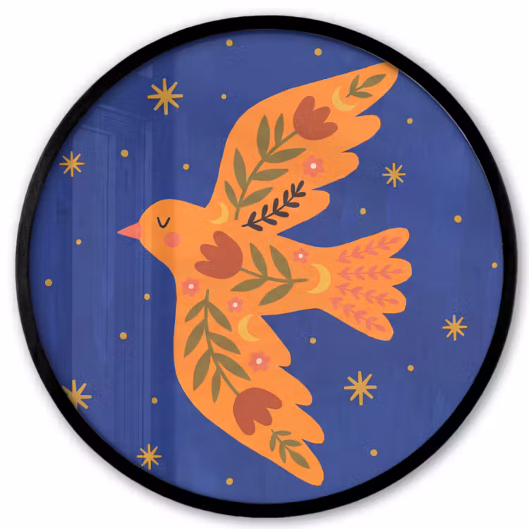 Ronde fotolijst - Vogel - Bloemen - Decoratief - Oranje - Blauw — 1