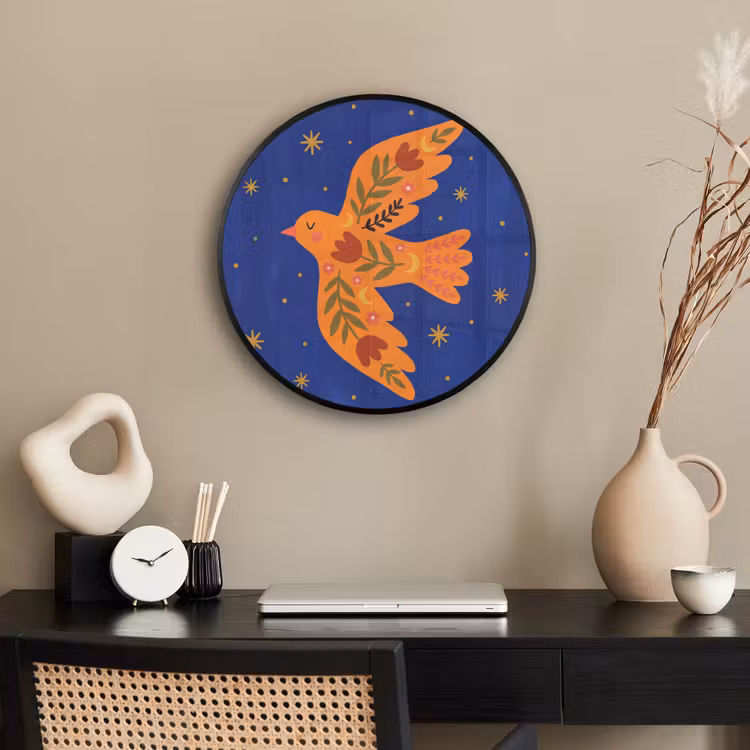 Ronde fotolijst - Vogel - Bloemen - Decoratief - Oranje - Blauw — 3