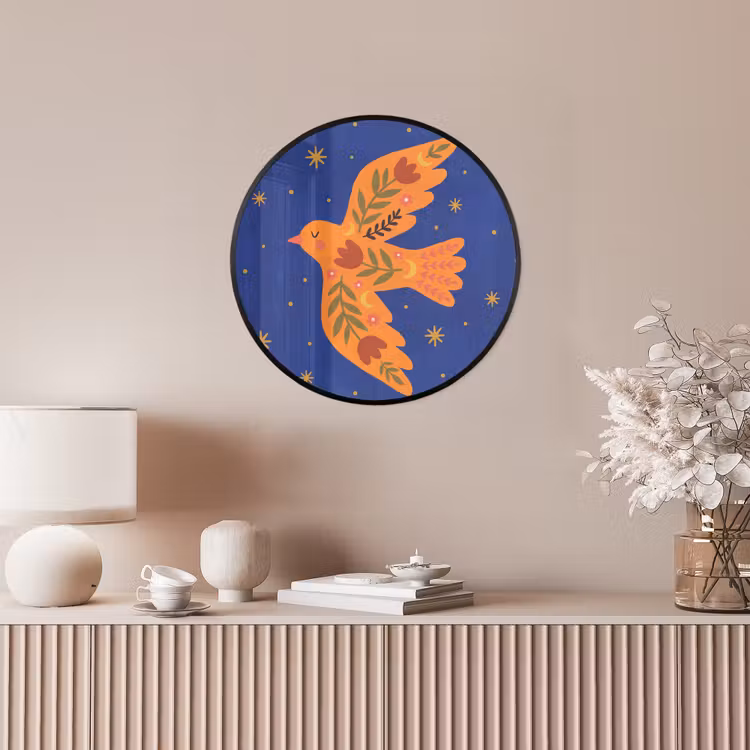 Ronde fotolijst - Vogel - Bloemen - Decoratief - Oranje - Blauw — 5