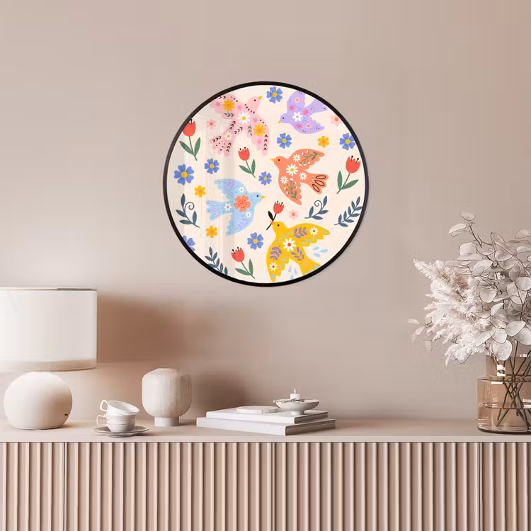 Ronde fotolijst - Vogel - Bloemen - Folk - Kleurrijk - Dieren — 5