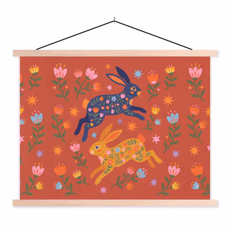 Schoolplaat - Konijn - Bloemen - Folk Art - Kleurrijk - Dieren — 1