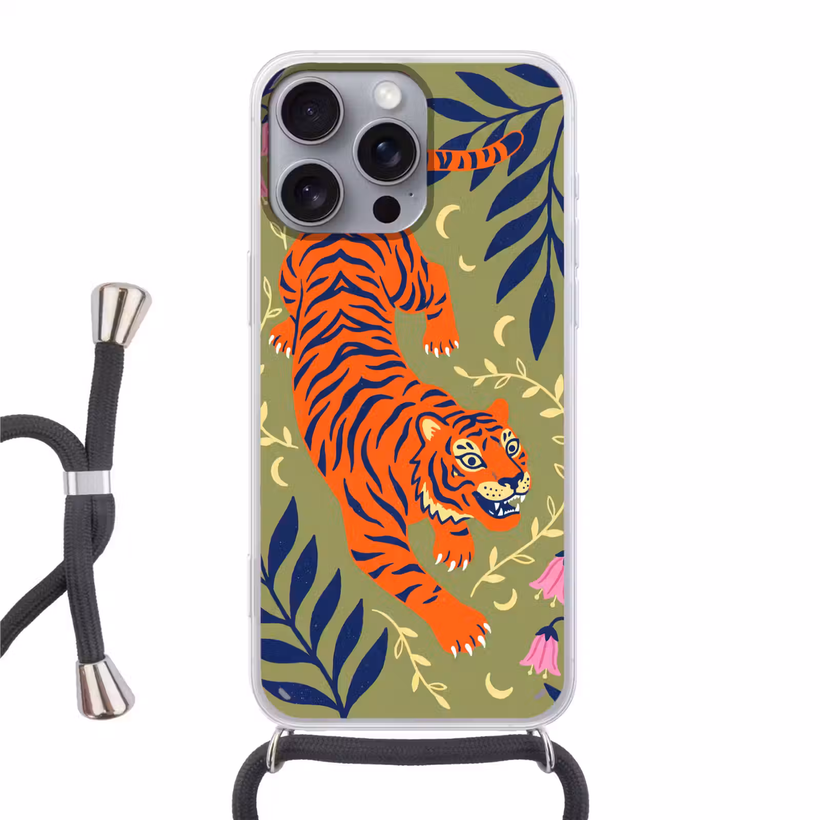 Telefoonhoesje met koord - Tijger - Bladeren - Dieren - Illustratie - Oranje — 1