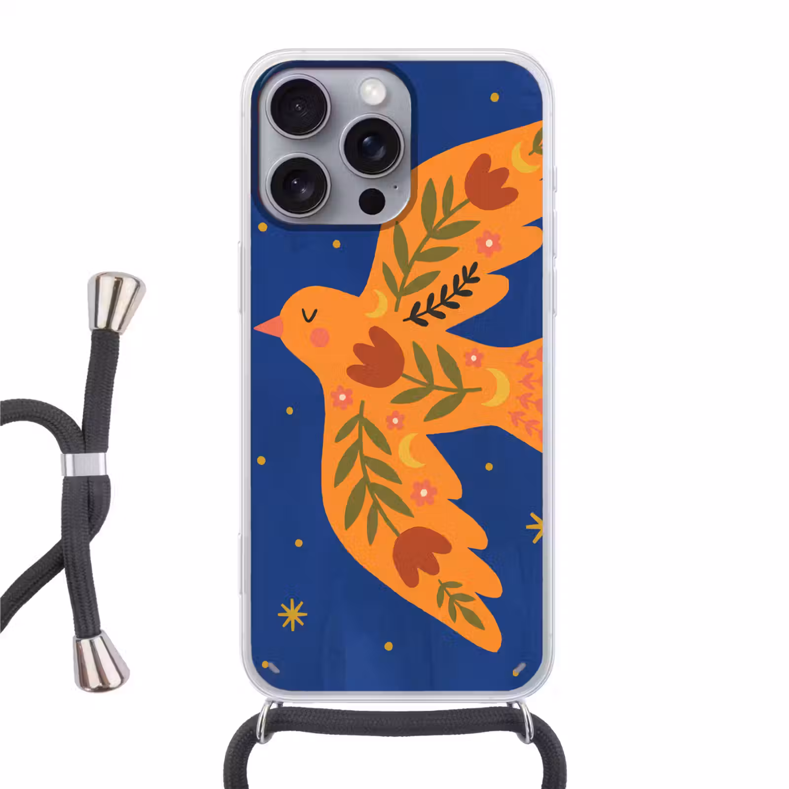 Telefoonhoesje met koord - Vogel - Bloemen - Decoratief - Oranje - Blauw — 1