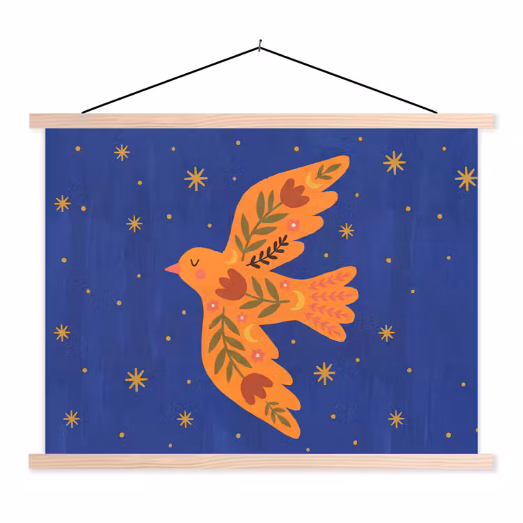 Schoolplaat - Vogel - Bloemen - Decoratief - Oranje - Blauw — 1