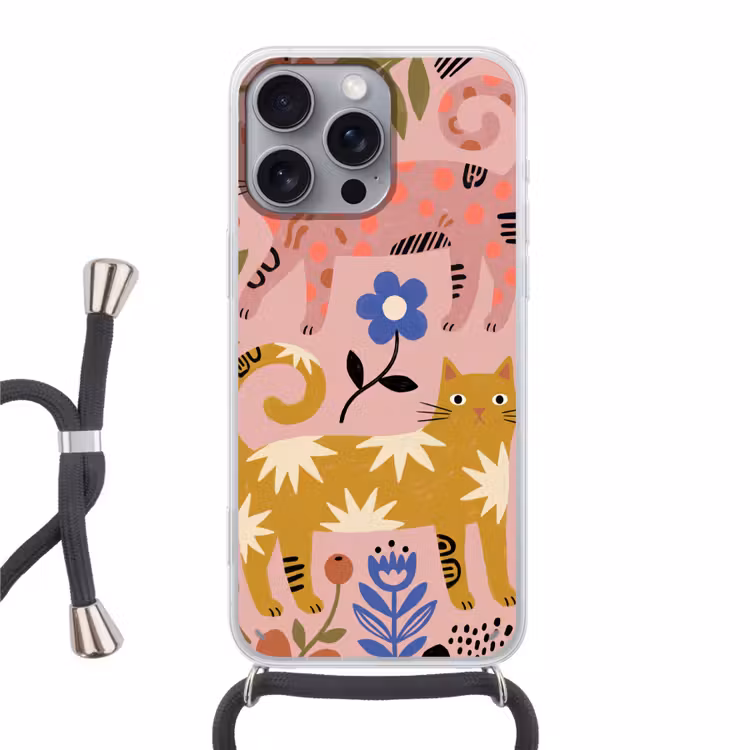 Telefoonhoesje met koord - Kat - Bloemen - Dieren - Modern - Roze — 1