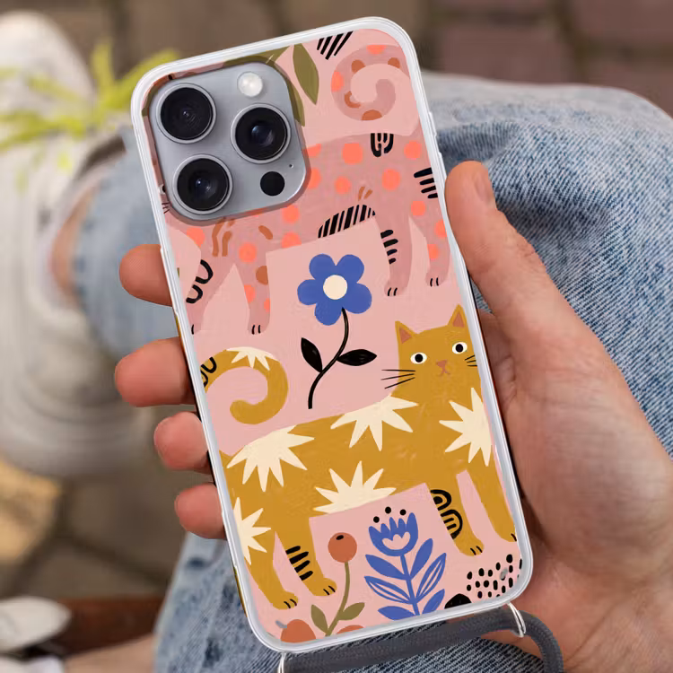 Telefoonhoesje met koord - Kat - Bloemen - Dieren - Modern - Roze — 2