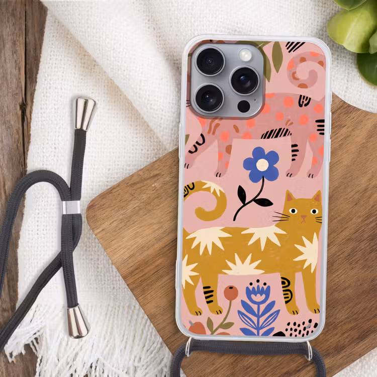 Telefoonhoesje met koord - Kat - Bloemen - Dieren - Modern - Roze — 3