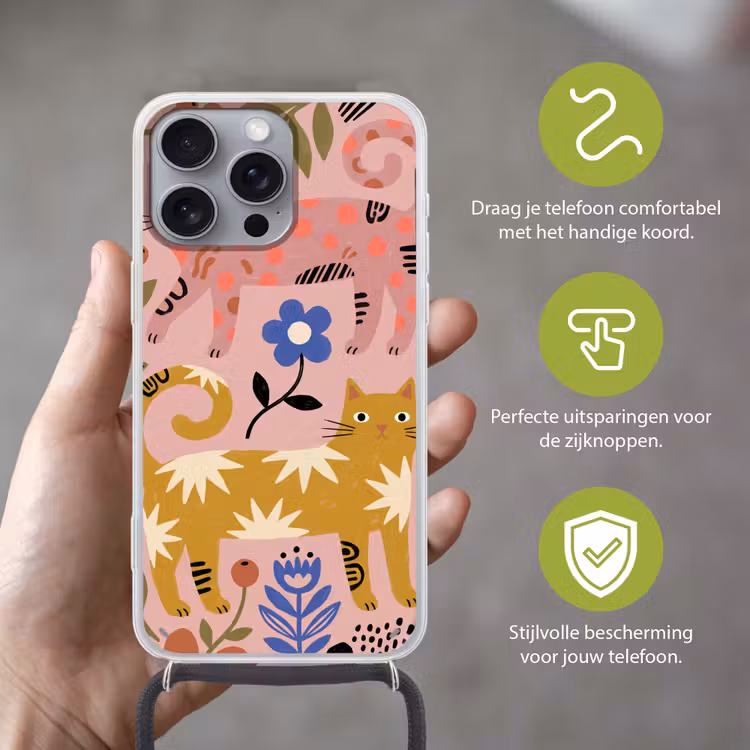 Telefoonhoesje met koord - Kat - Bloemen - Dieren - Modern - Roze — 4