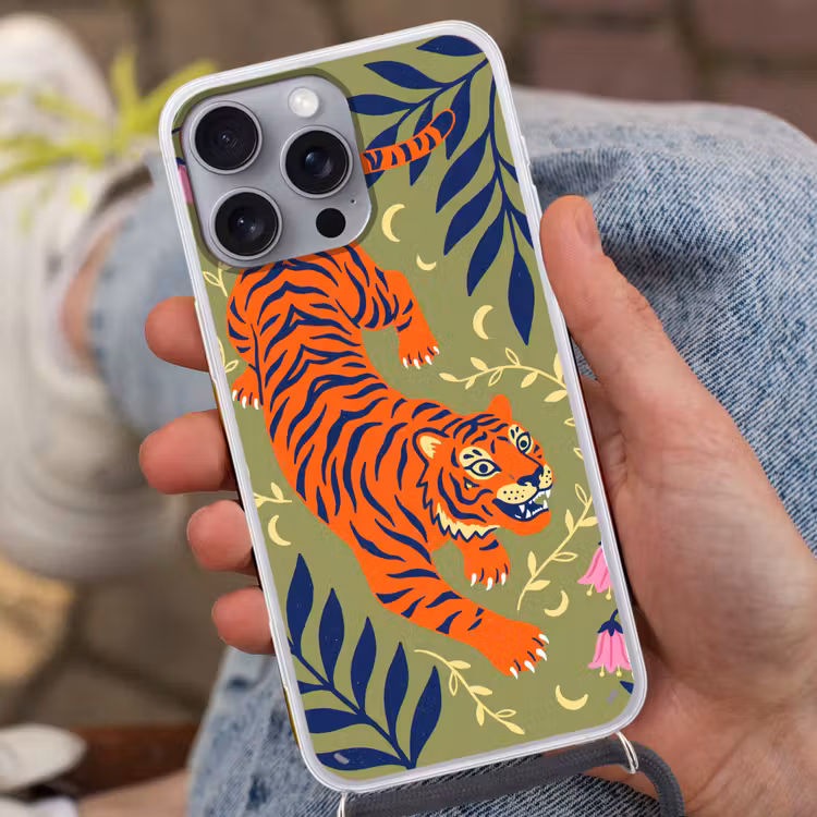 Telefoonhoesje met koord - Tijger - Bladeren - Dieren - Illustratie - Oranje — 2