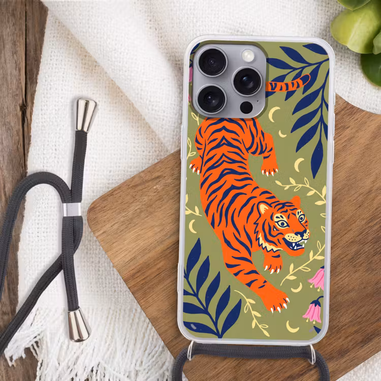 Telefoonhoesje met koord - Tijger - Bladeren - Dieren - Illustratie - Oranje — 3