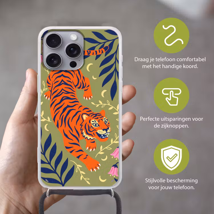 Telefoonhoesje met koord - Tijger - Bladeren - Dieren - Illustratie - Oranje — 4