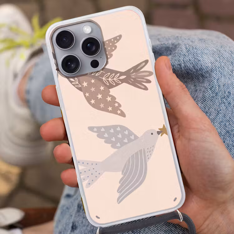 Telefoonhoesje met koord - Vogel - Bessen - Natuur - Modern - Beige — 2
