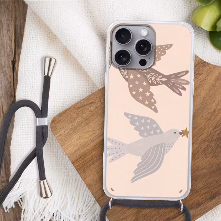 Telefoonhoesje met koord - Vogel - Bessen - Natuur - Modern - Beige — 3