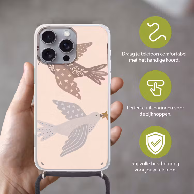 Telefoonhoesje met koord - Vogel - Bessen - Natuur - Modern - Beige — 4