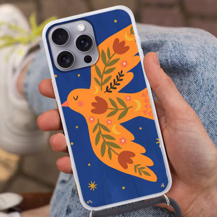 Telefoonhoesje met koord - Vogel - Bloemen - Decoratief - Oranje - Blauw — 2