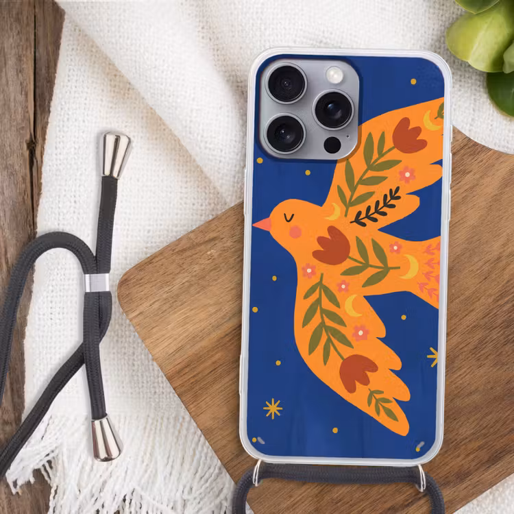 Telefoonhoesje met koord - Vogel - Bloemen - Decoratief - Oranje - Blauw — 3
