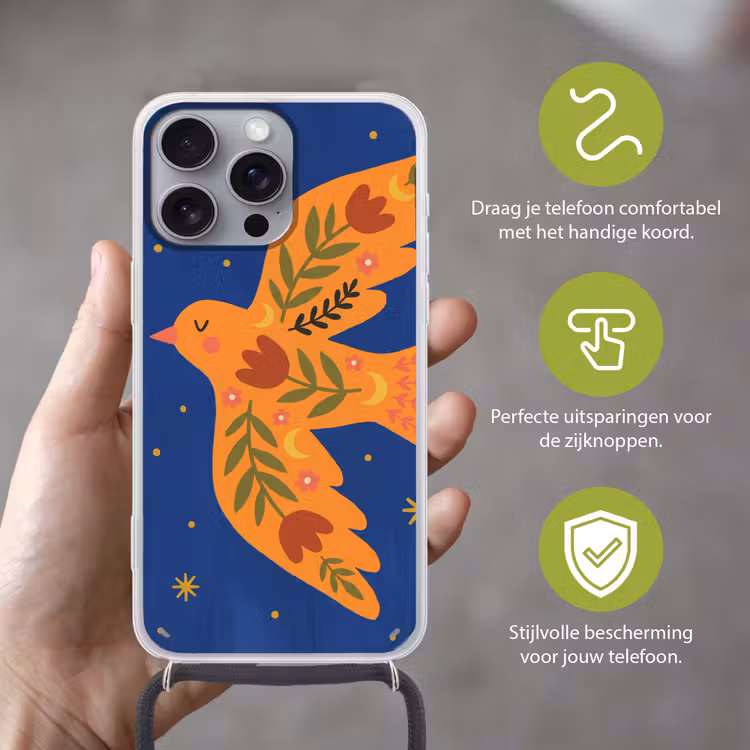 Telefoonhoesje met koord - Vogel - Bloemen - Decoratief - Oranje - Blauw — 4