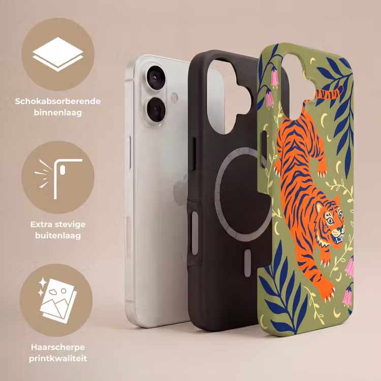 Telefoonhoesje Toughcase - Tijger - Bladeren - Dieren - Illustratie - Oranje — 3