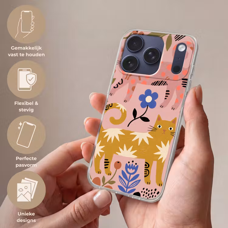 Telefoonhoesje - Kat - Bloemen - Dieren - Modern - Roze — 4