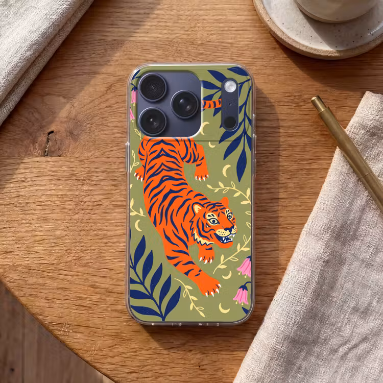 Telefoonhoesje - Tijger - Bladeren - Dieren - Illustratie - Oranje — 2